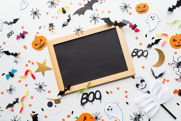 blank chalkboard and halloween party decorations