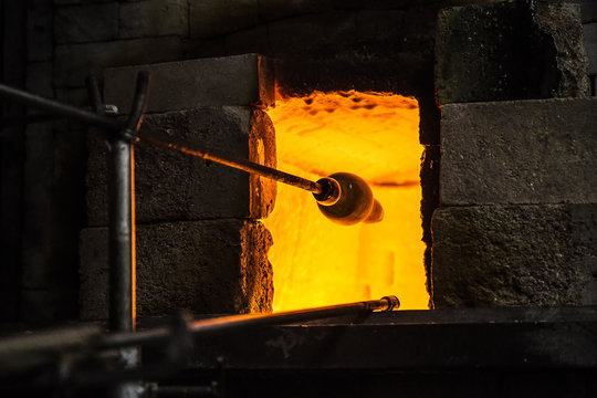 Molten Glass At Furnace In Workshop