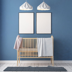 Mockup poster in the children's room in pastel colors. Scandinavian style. 3d illustration.
