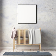 Mockup poster in the children's room in pastel colors. Scandinavian style. 3d illustration.