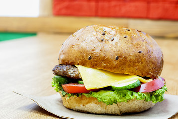 hamburger on a table in a cafe