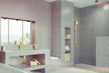 Gray bathroom with a window, side toned