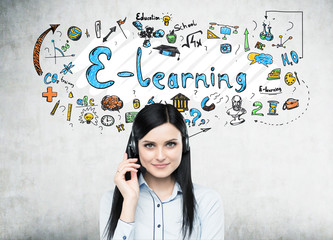 Smiling woman with a headset, e learning