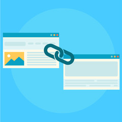 Link building for seo banner. Two pages are connected by a chain - obrazy, fototapety, plakaty