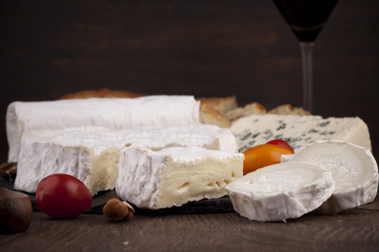 Variety of French cheeses with wine