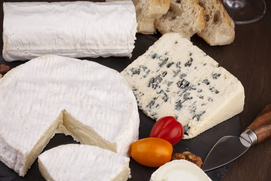 Variety of French cheeses with wine