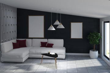 Fototapeta premium White sofa living room with two posters, tree