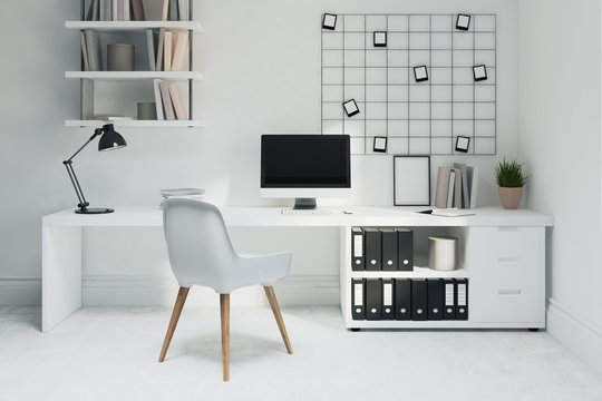 White home office, white chair