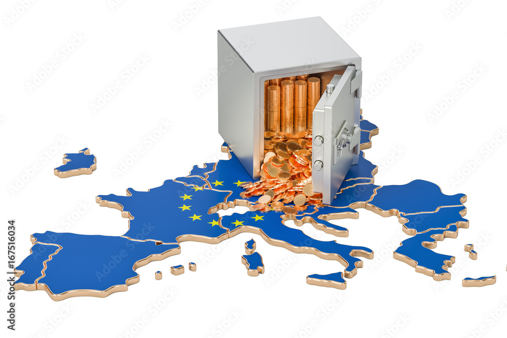 Aufkleber safe box with golden coins on the map of european union, 3d rendering
