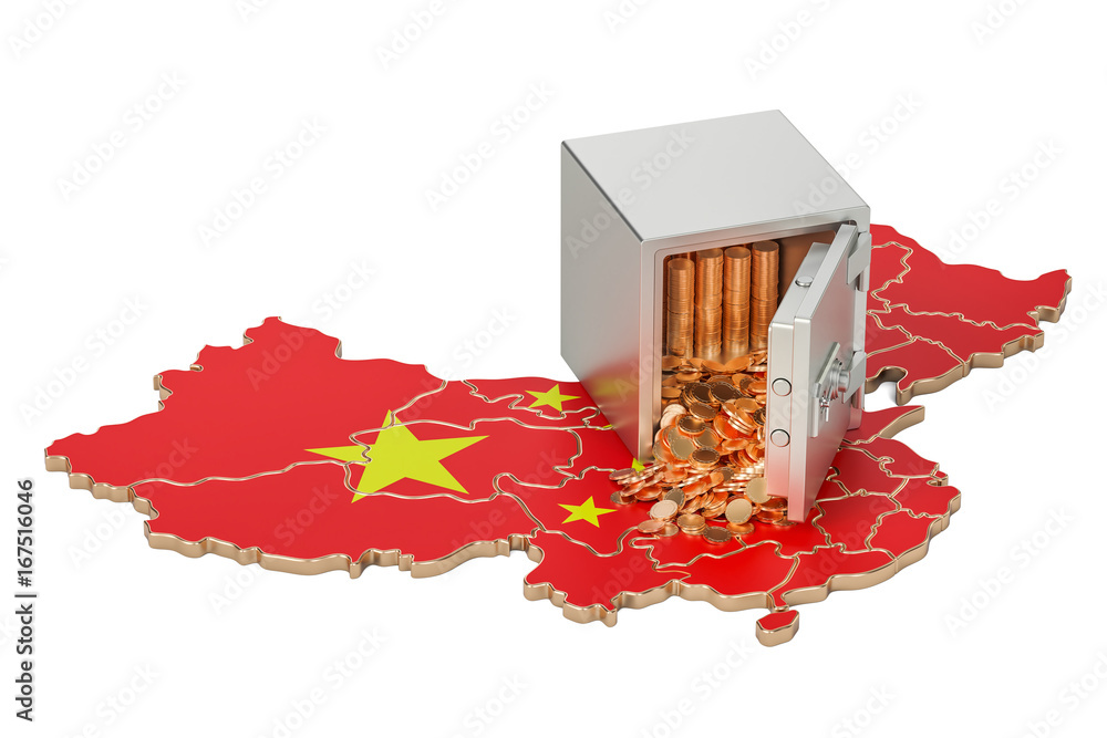 Poster safe box with golden coins on the map of china, 3d rendering