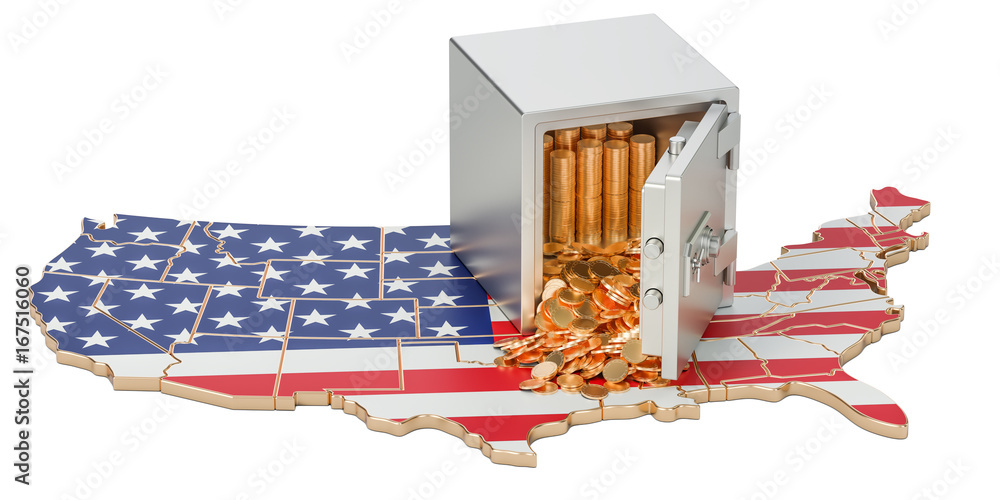 Poster safe box with golden coins on the map of usa, 3d rendering