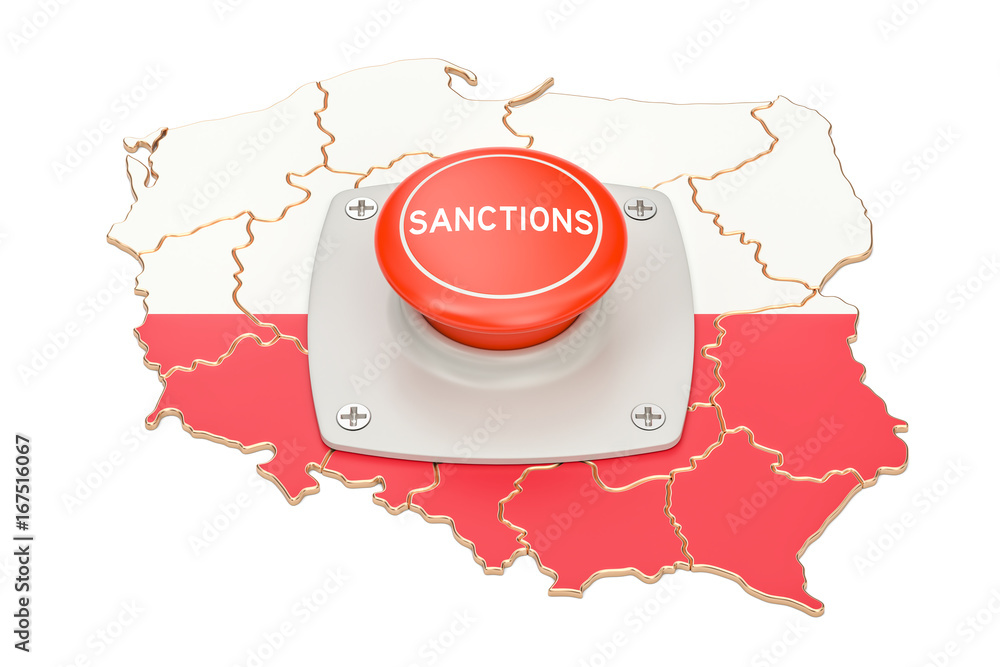 Poster sanctions button on map of poland, 3d rendering