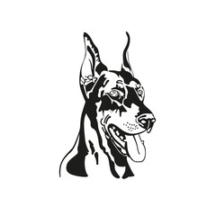 Vector image of head dog Doberman. Black and white silhouette. - obrazy, fototapety, plakaty