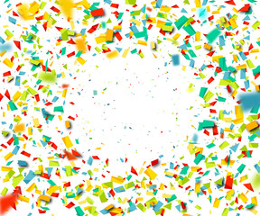 Colorful confetti falling randomly. Abstract orange background with explosion particles. Vector illustration can be used for greeting card, carnival, celebration.