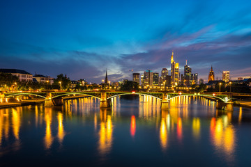 Illuminated Frankfurt skyline at night