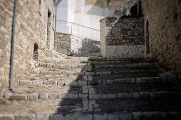Fototapeta premium medieval stairs in Berat city, Albania, heritage, soft, blurred