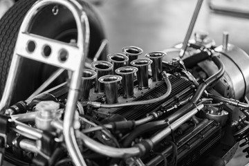 The engine bay of a vintage race car