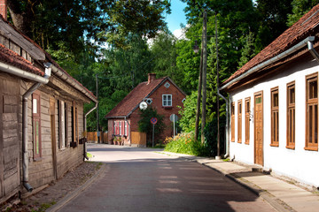 Typical houses in latvian city Kuldiga. Street architecture panorama. Kuldiga is a small town in western Latvia