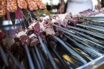 Turkish adana kebab and liver kebab are preparing