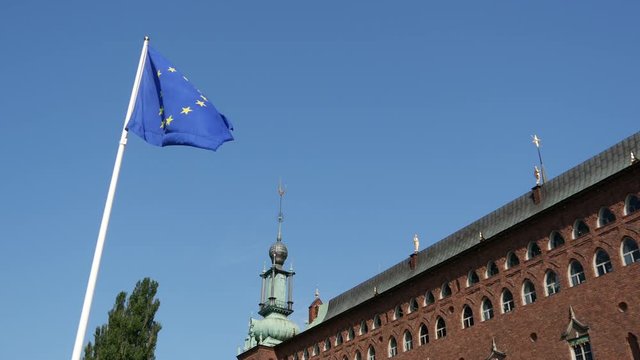 European flag at the Stockholm City Hall in Sweden