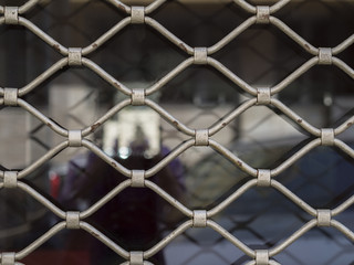 classic silver iron shop window lattice with blurred reflection