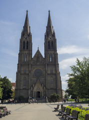 Fototapeta na wymiar neoghotic church cathedral saint Ludmila on Prague Namesti miru in summer