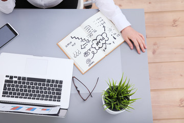 Fototapeta na wymiar Portrait of businesswoman sitting at desk with a laptop