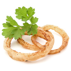 Delicious crispy fried onion rings isolated on white