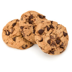 Three Chocolate chip cookies isolated on white background. Sweet biscuits. Homemade pastry.