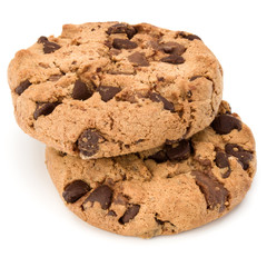 Two Chocolate chip cookies isolated on white background. Sweet biscuits. Homemade pastry.