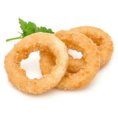 Crispy deep fried onion or Calamari ring isolated on white background