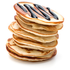 Pancakes  stack with chocolate syrup on white background