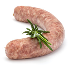 Raw sausage with rosemary leaf isolated on white background