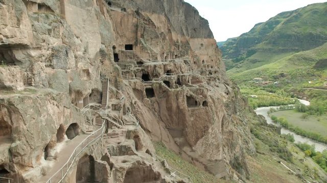 Vardzia cave monastery. Complex carved in rock. Cave town in the mountains