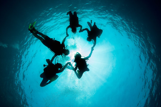 Group of Scuba Divers underwater silhouettes against sun