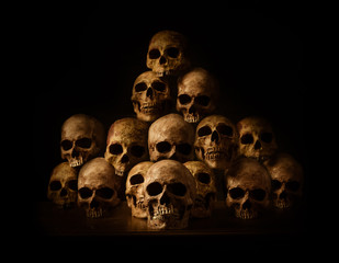 Genocides, Stacked human skulls at the Killing Fields, Sepia Tone
