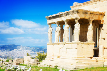 Fototapeta premium facade of of Erechtheion temple in Acropolis of Athens, Greece, retro toned