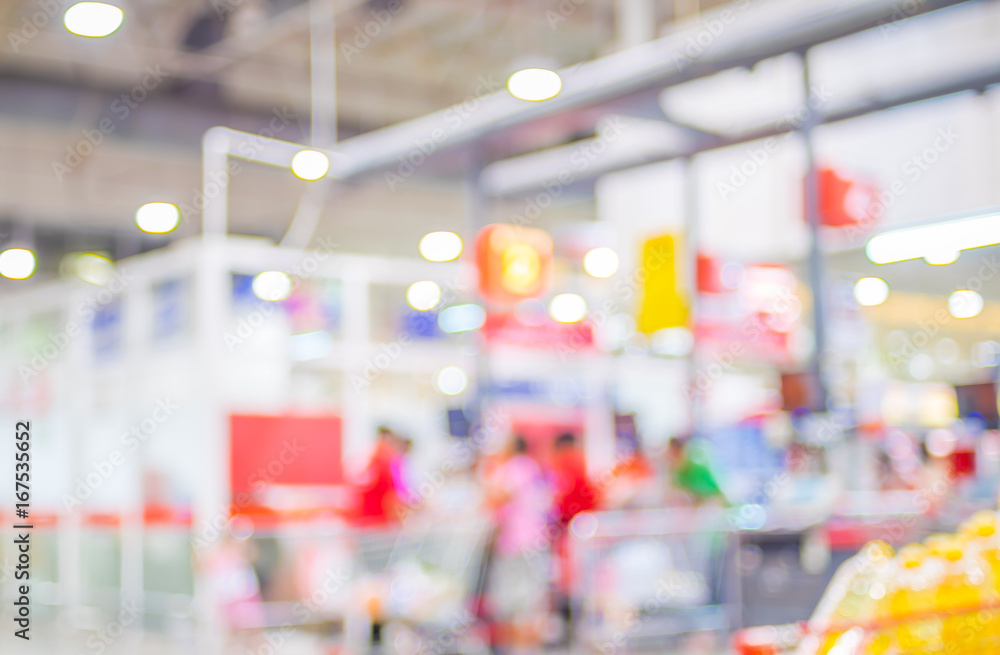 Poster blur background of customer shopping at supermarket store product shelf with bokeh light