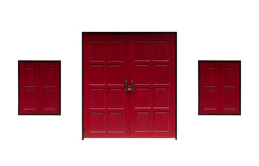 Red wooden door and window isolated on white background