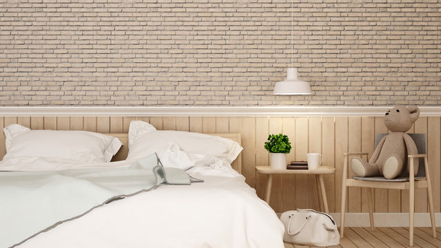 bedroom with kid space and brick wall in home or apartment - 3D Renderinig