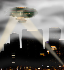 Steam punk zeppelin breaking through fog over city at night © rick