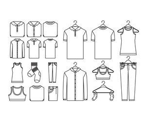 white background of contour set elements of clothes in hangers