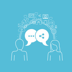 color background of circular frame of tech share icons and social people with dialog box