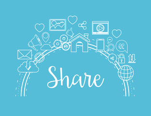 color background of curve frame of tech internet icons with share text