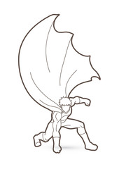 Strong Man. Superhero landing powerful action outline graphic vector