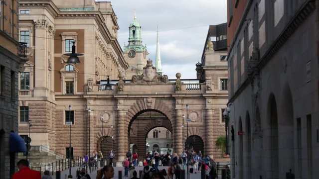 Time lapse of crowd at Riksplan square and Riksbron bridge in Stockholm Sweden