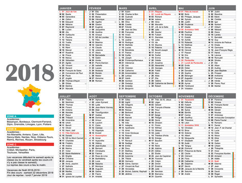 Calendrier annuel standard 2018 multicolore français. 12 mois en couleurs. Vacances scolaires, jours fériés, semaines numérotées.