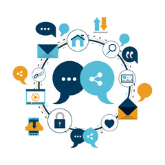 white background of colorful circular frame of tech internet icons and closeup bubble set dialog box and symbol share