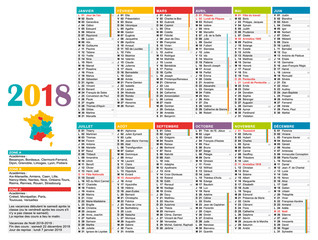 Calendrier annuel 2018 multicolore français. 12 mois en couleurs. Vacances scolaires, jours fériés, semaines numérotées.