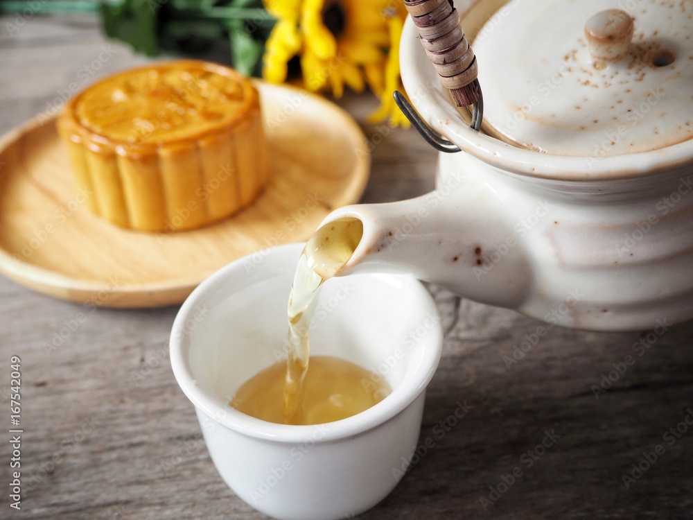 Poster Festival moon cake with hot tea